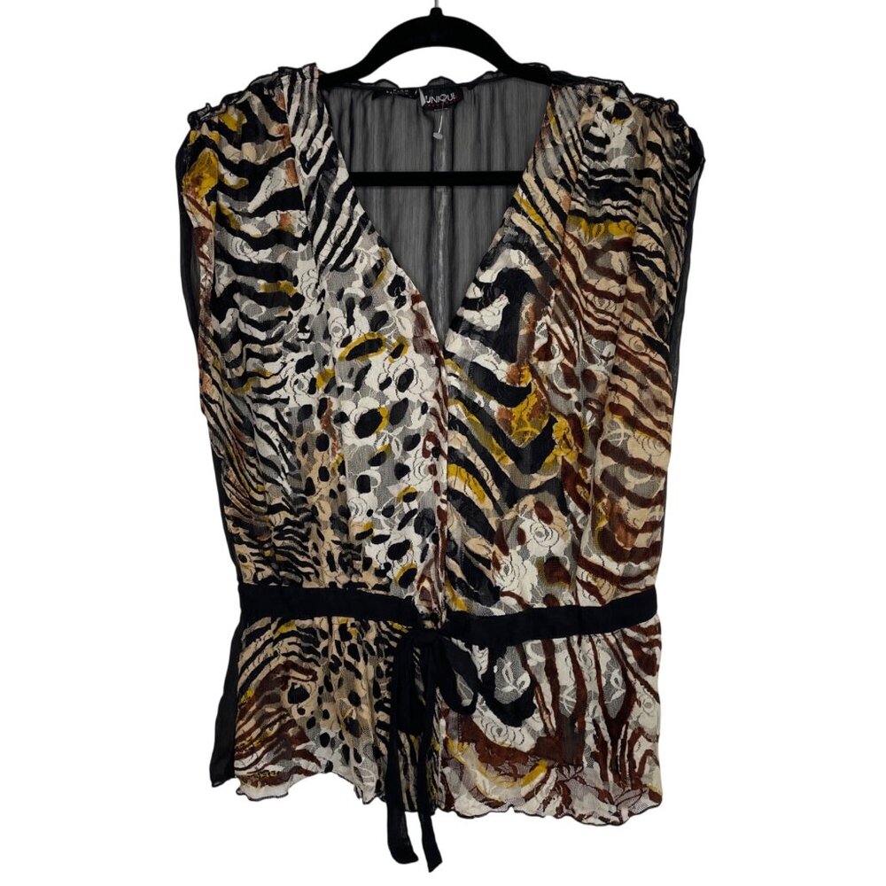 Unique Spectrum Womens Sheer Animal‎ Print Stretch Top With Tie Waist - Size M